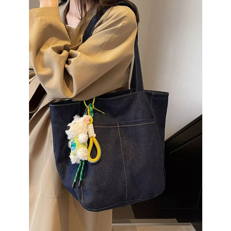 Denim Shoulder Bag with Cute Charm Navy / One Size Apparel and Accessories