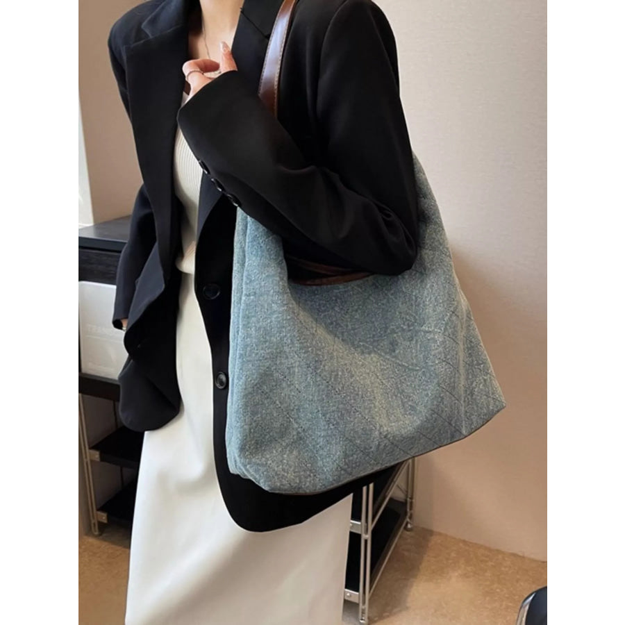 Denim Shoulder Bag with Leather Trim Light Blue / One Size Apparel and Accessories