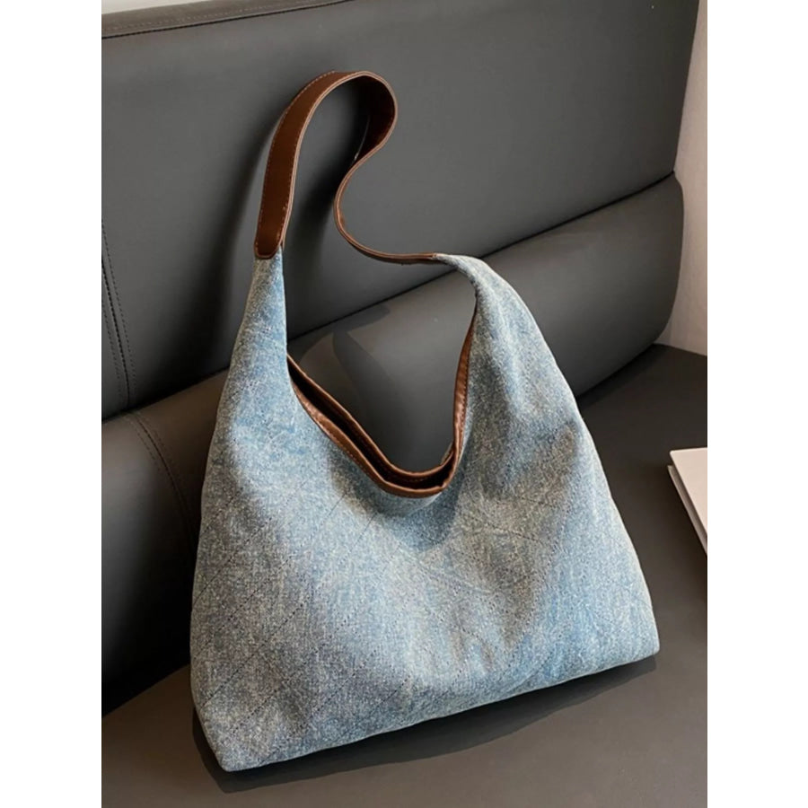 Denim Shoulder Bag with Leather Trim Light Blue / One Size Apparel and Accessories