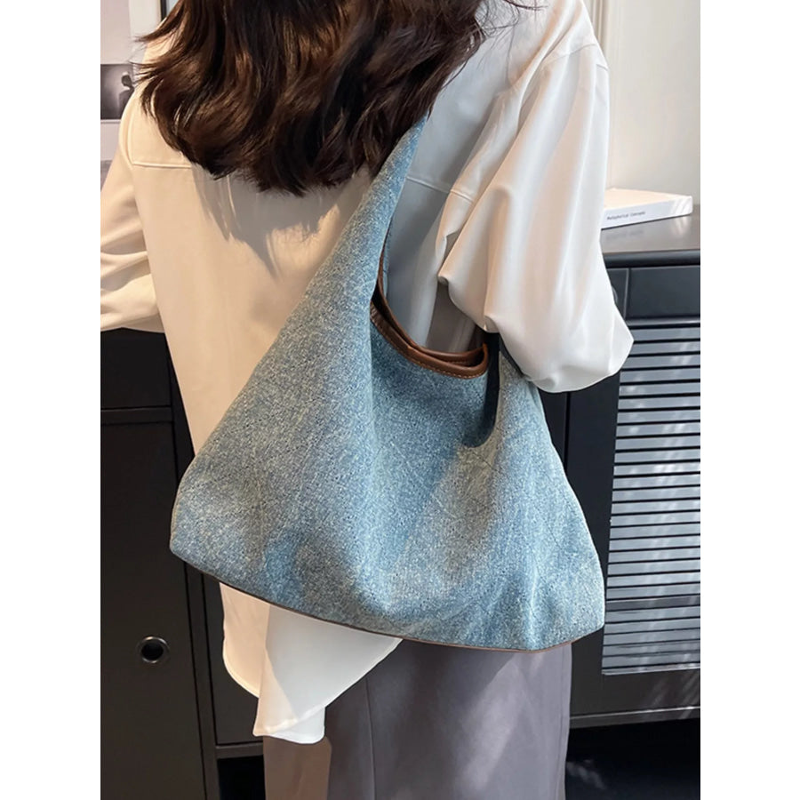 Denim Shoulder Bag with Leather Trim Light Blue / One Size Apparel and Accessories