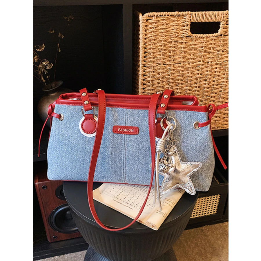 Denim Shoulder Bag with Star Charm Light Blue / One Size Apparel and Accessories