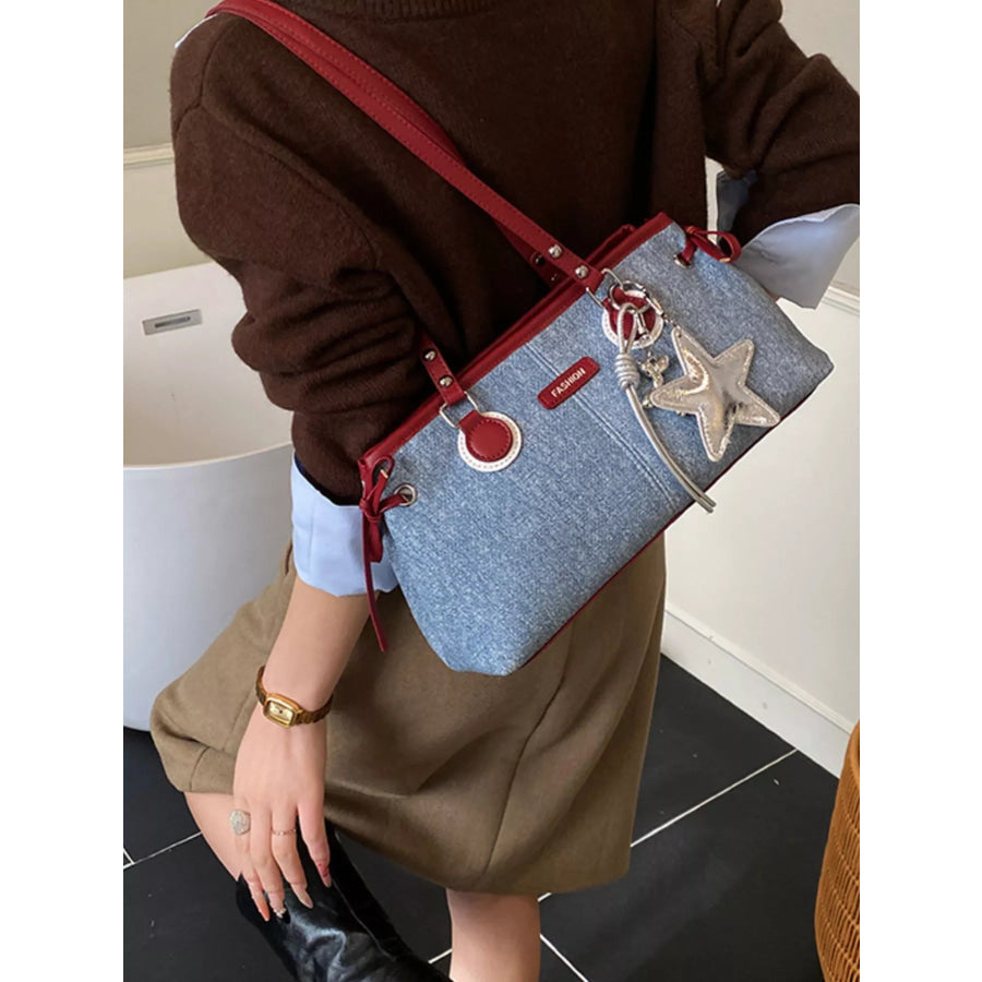 Denim Shoulder Bag with Star Charm Light Blue / One Size Apparel and Accessories