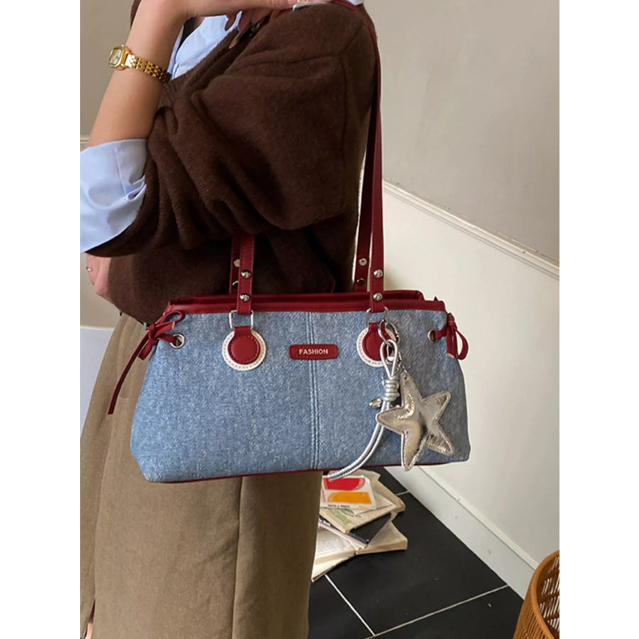 Denim Shoulder Bag with Star Charm Light Blue / One Size Apparel and Accessories