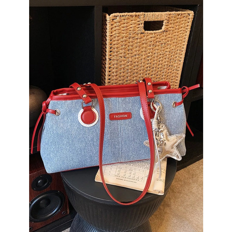 Denim Shoulder Bag with Star Charm Light Blue / One Size Apparel and Accessories