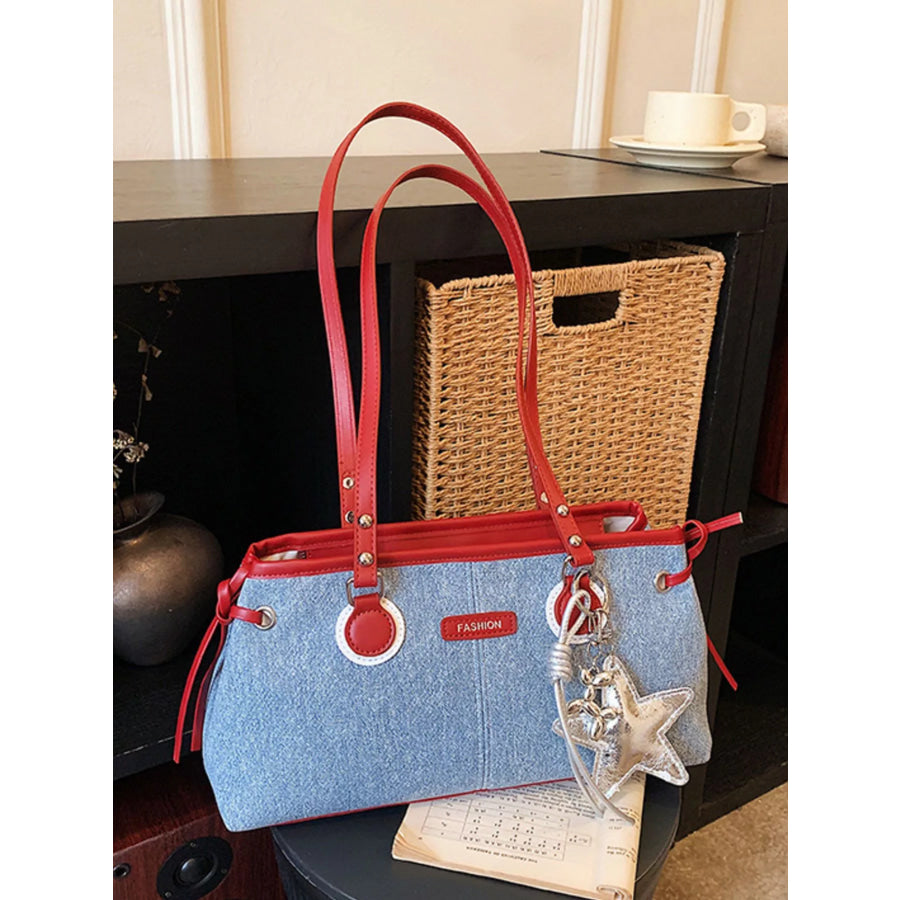 Denim Shoulder Bag with Star Charm Light Blue / One Size Apparel and Accessories