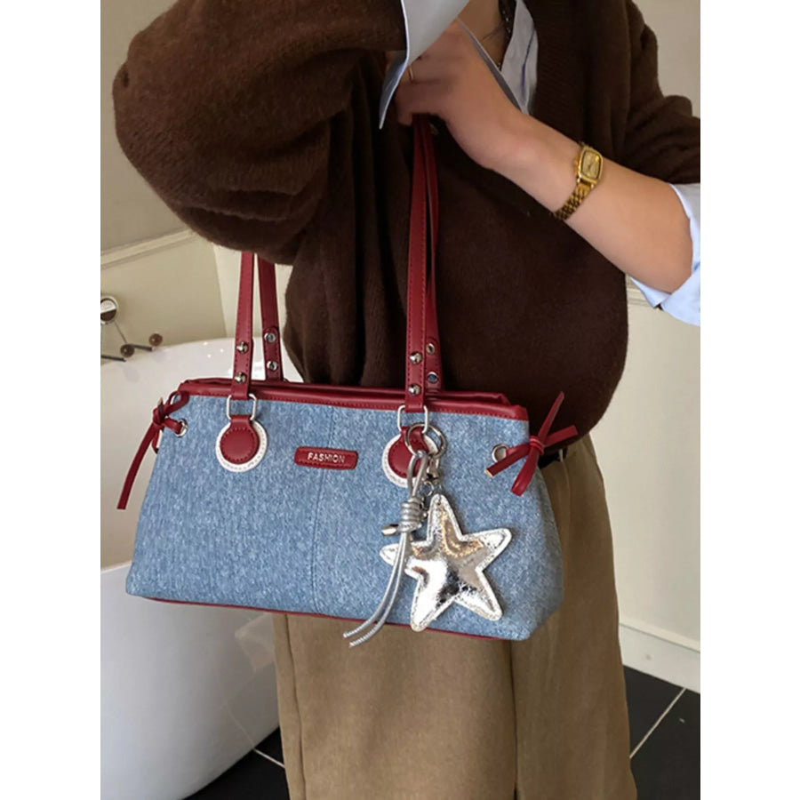 Denim Shoulder Bag with Star Charm Light Blue / One Size Apparel and Accessories
