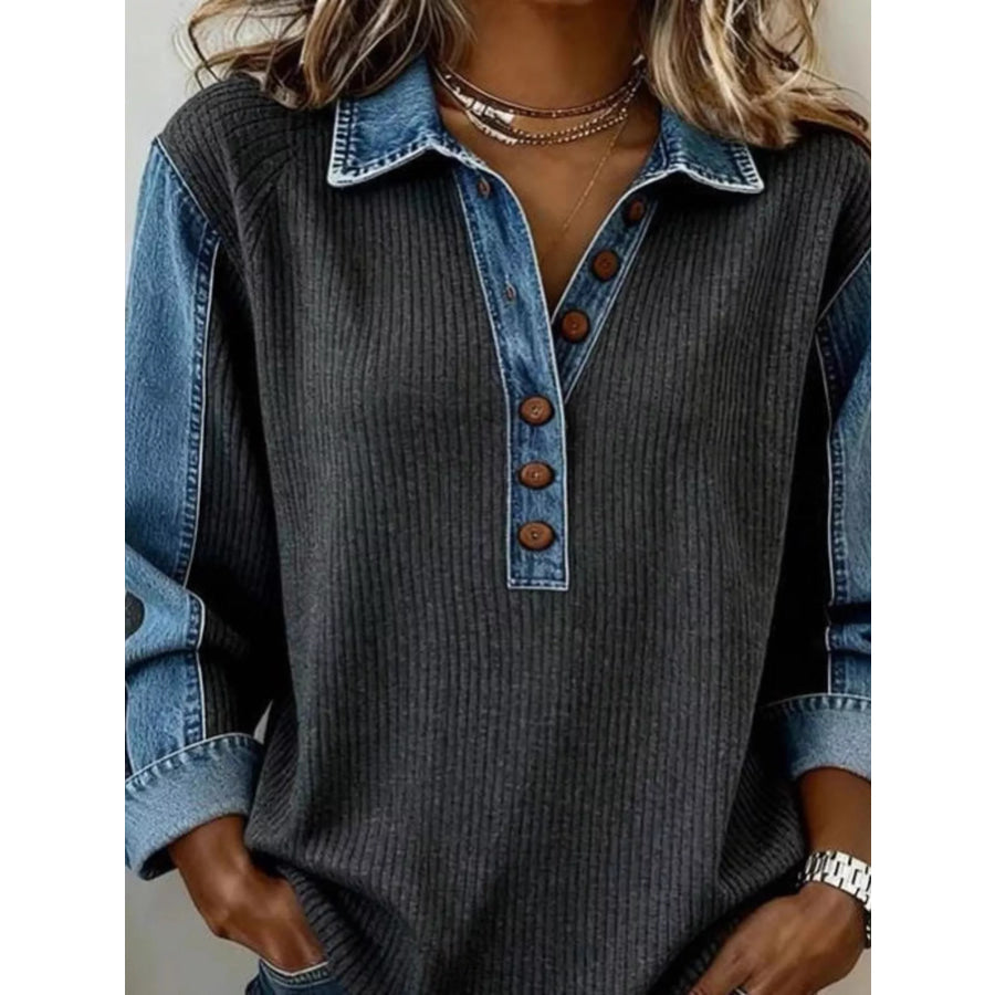 Denim Trim Button Detail Sweatshirt Apparel and Accessories