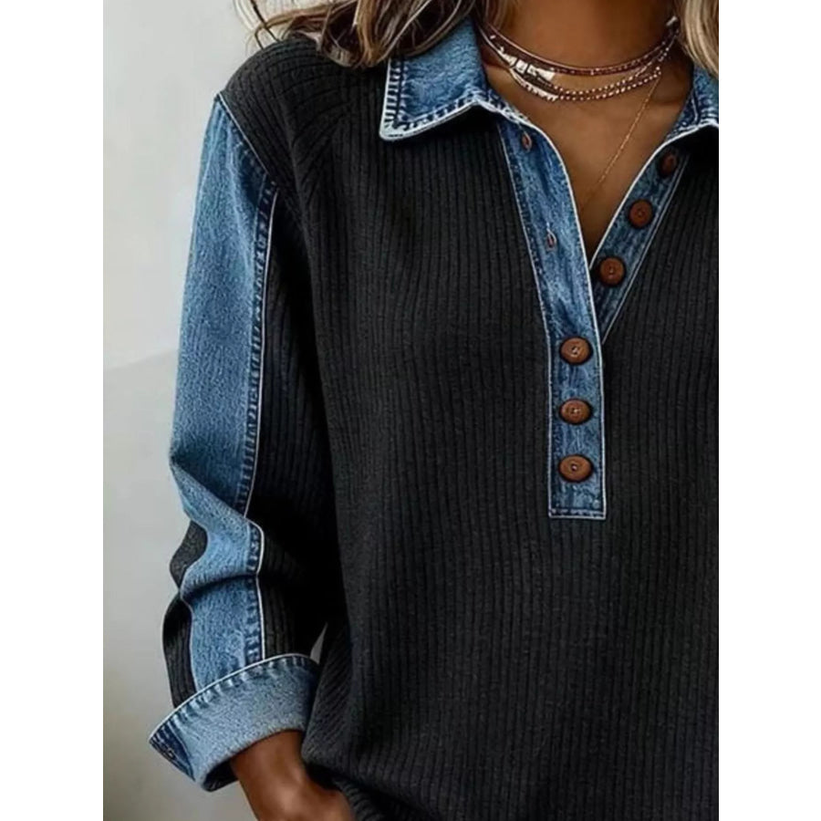 Denim Trim Button Detail Sweatshirt Apparel and Accessories