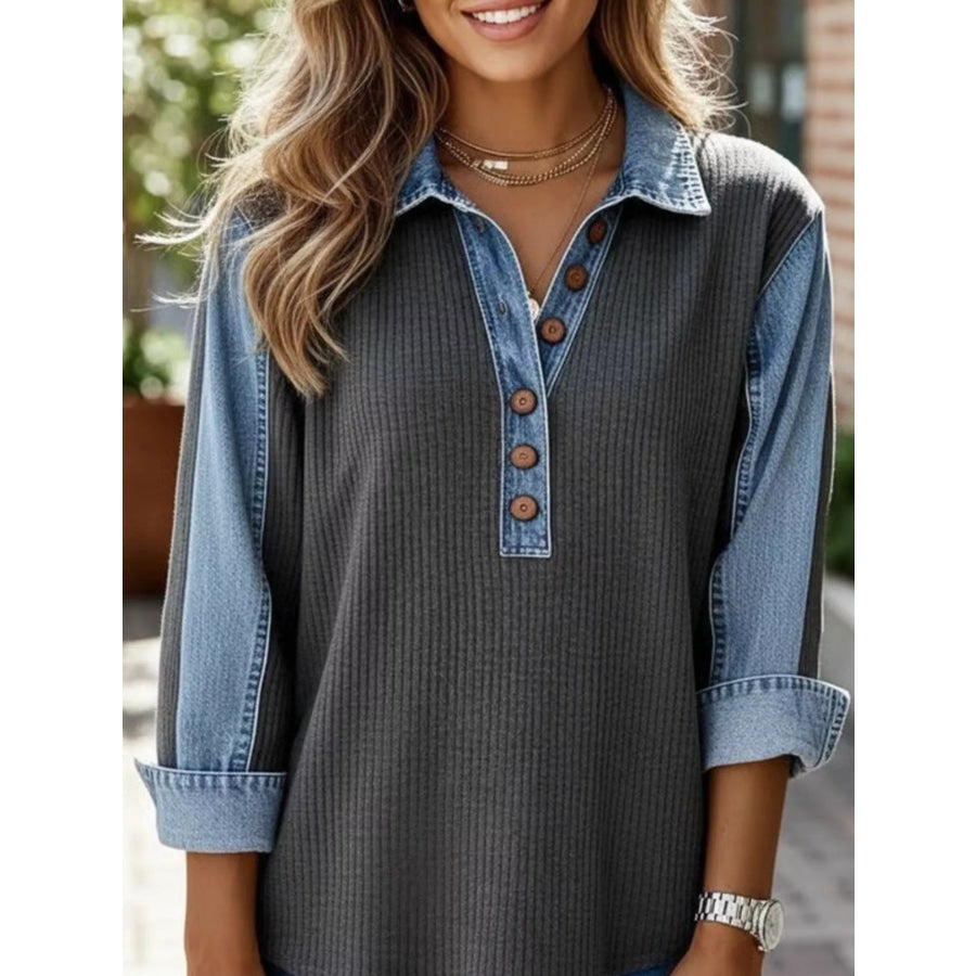 Denim Trim Button Detail Sweatshirt Apparel and Accessories