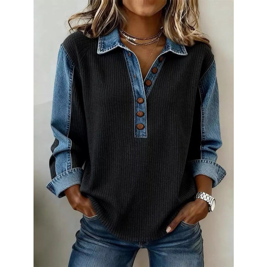 Denim Trim Button Detail Sweatshirt Black / S Apparel and Accessories