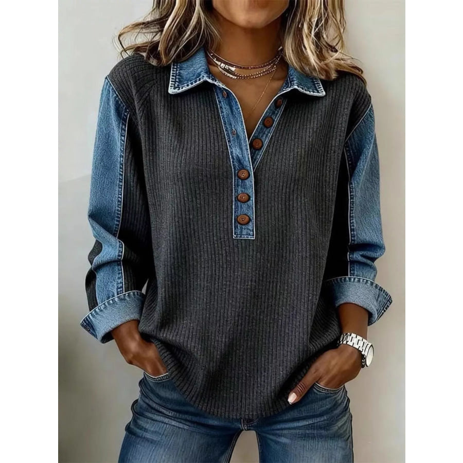 Denim Trim Button Detail Sweatshirt Gray / S Apparel and Accessories