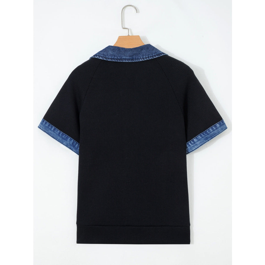 Denim Trim Button Detail Top Apparel and Accessories
