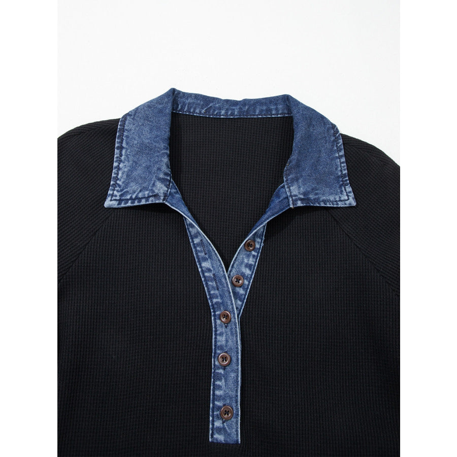 Denim Trim Button Detail Top Apparel and Accessories