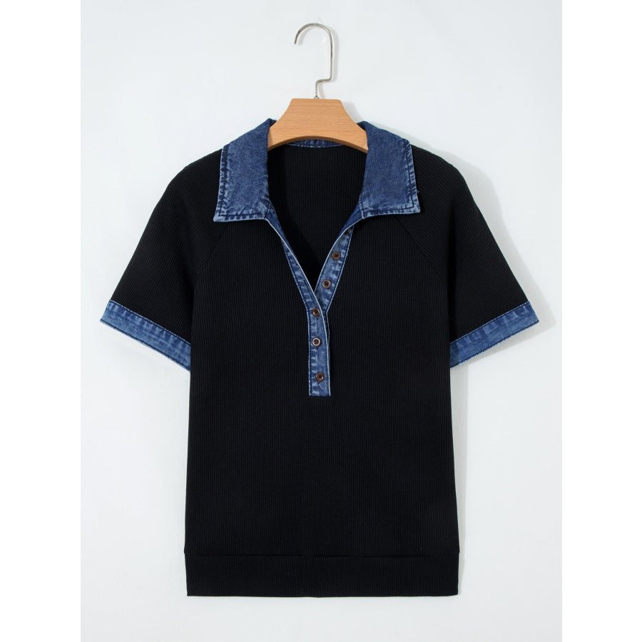 Denim Trim Button Detail Top Black / S Apparel and Accessories