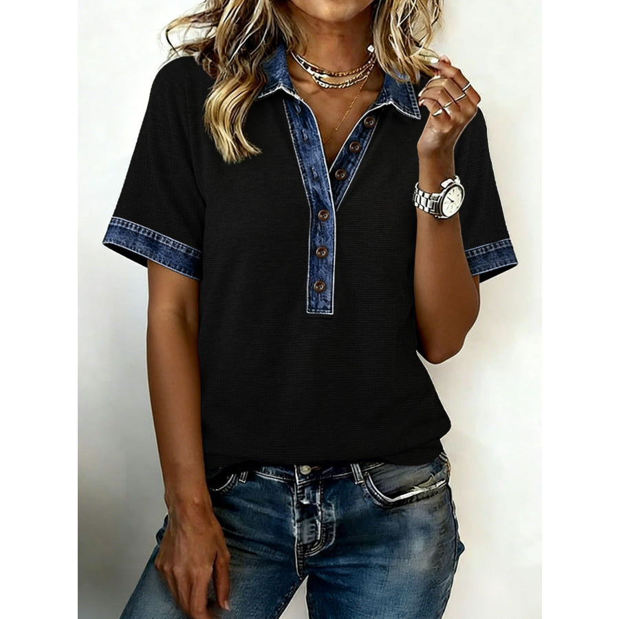 Denim Trim Button Detail Top Black / S Apparel and Accessories