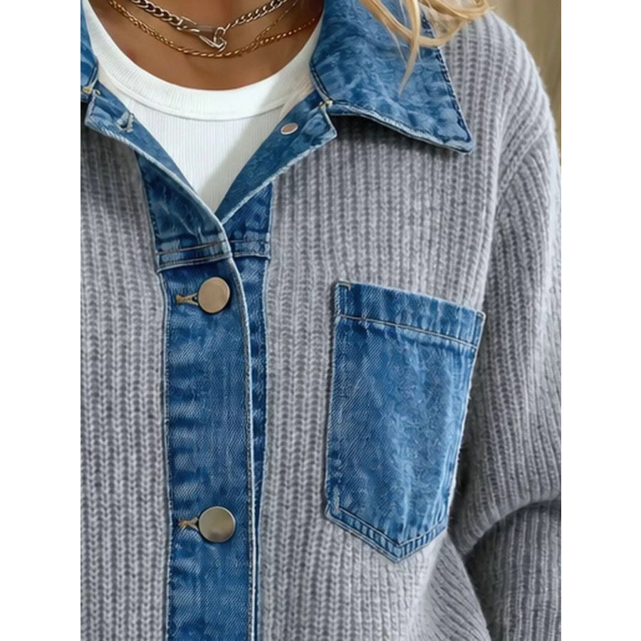 Denim Trim Button Up Cardigan Apparel and Accessories