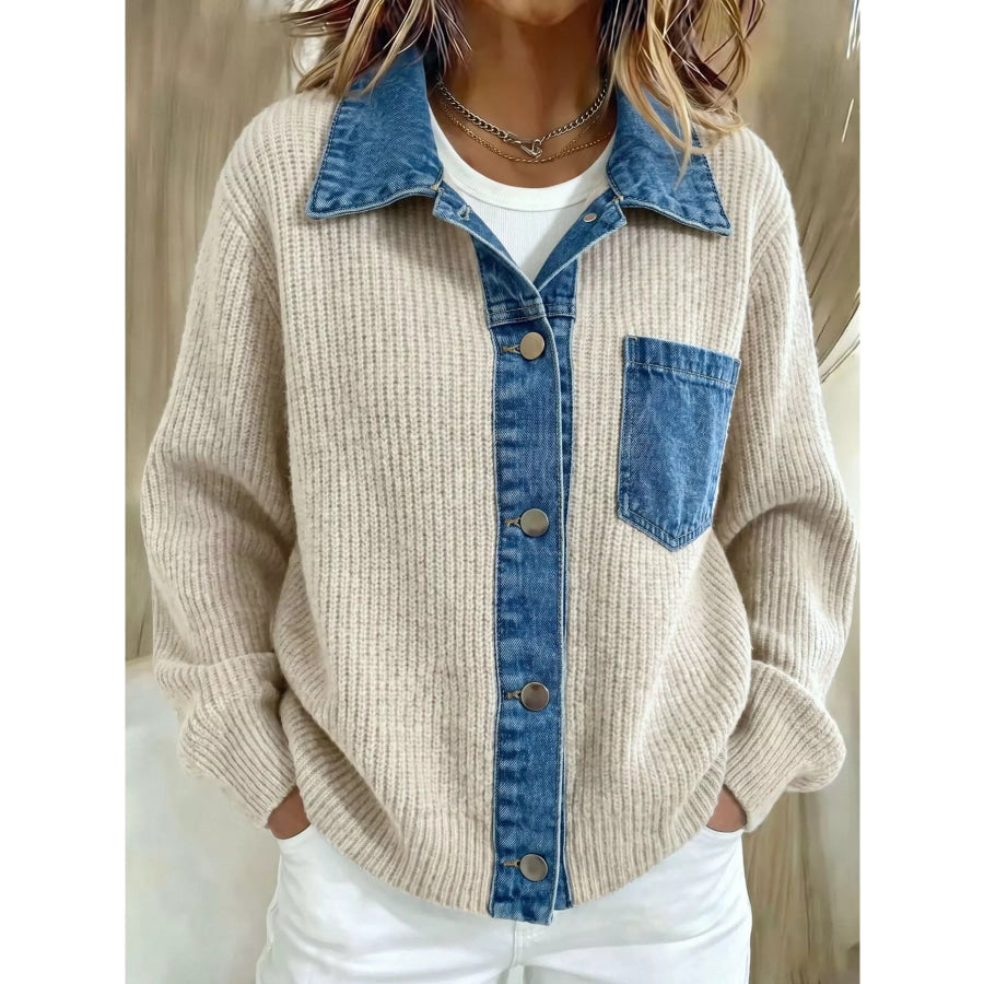 Denim Trim Button Up Cardigan Beige / S Apparel and Accessories