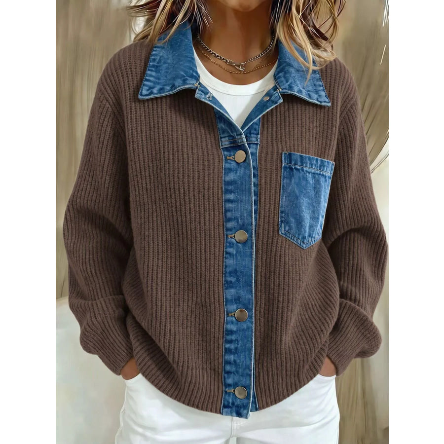 Denim Trim Button Up Cardigan Brown / S Apparel and Accessories