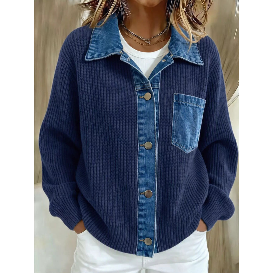 Denim Trim Button Up Cardigan Dark Blue / S Apparel and Accessories