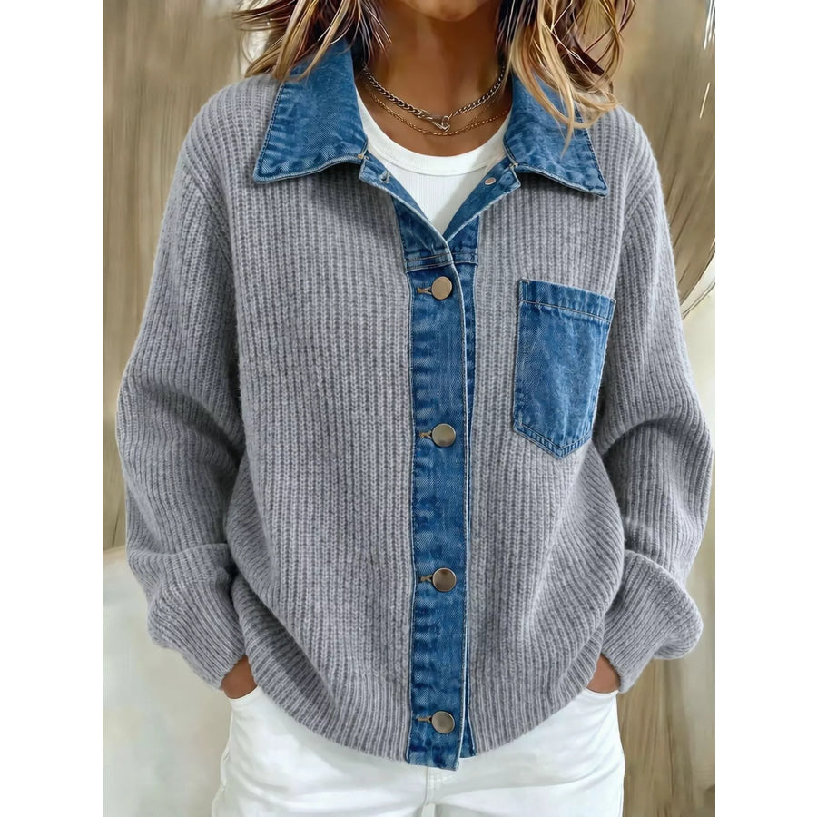 Denim Trim Button Up Cardigan Gray / S Apparel and Accessories