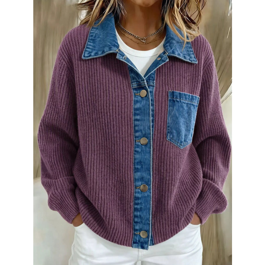 Denim Trim Button Up Cardigan Purple-red / S Apparel and Accessories