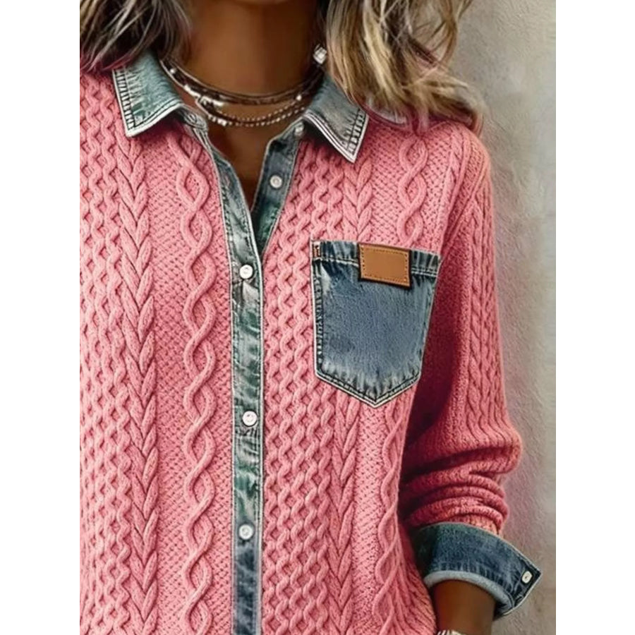 Denim Trim Cable Knit Cardigan Apparel and Accessories