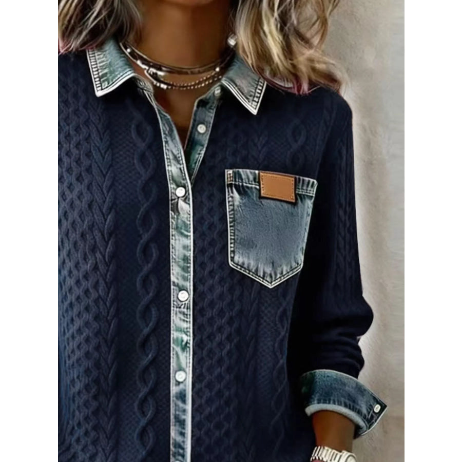 Denim Trim Cable Knit Cardigan Apparel and Accessories
