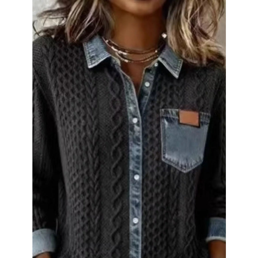 Denim Trim Cable Knit Cardigan Apparel and Accessories