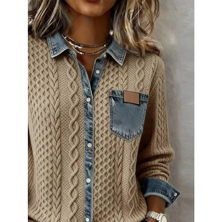 Denim Trim Cable Knit Cardigan Apparel and Accessories
