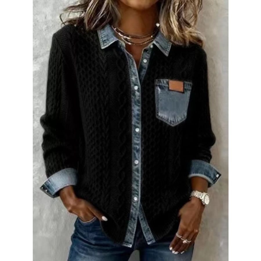Denim Trim Cable Knit Cardigan Black / S Apparel and Accessories