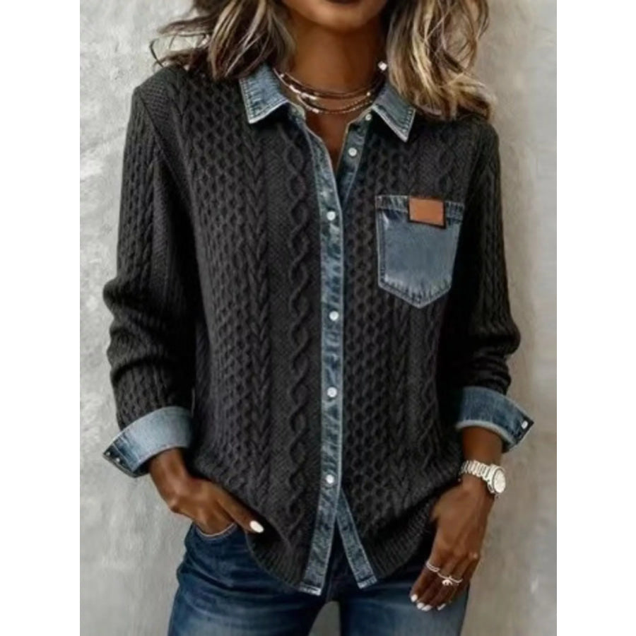 Denim Trim Cable Knit Cardigan Gray / S Apparel and Accessories