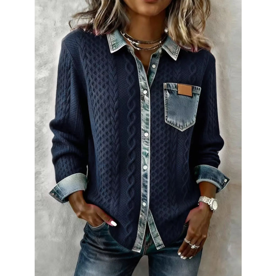 Denim Trim Cable Knit Cardigan Navy / S Apparel and Accessories