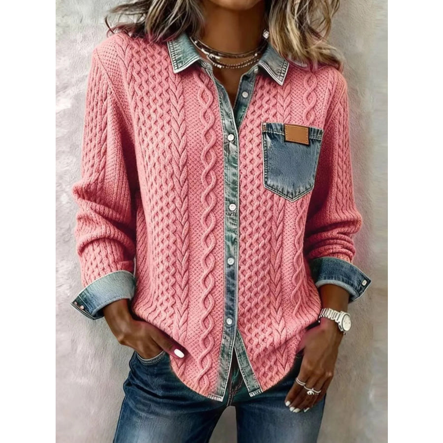 Denim Trim Cable Knit Cardigan Pink / S Apparel and Accessories