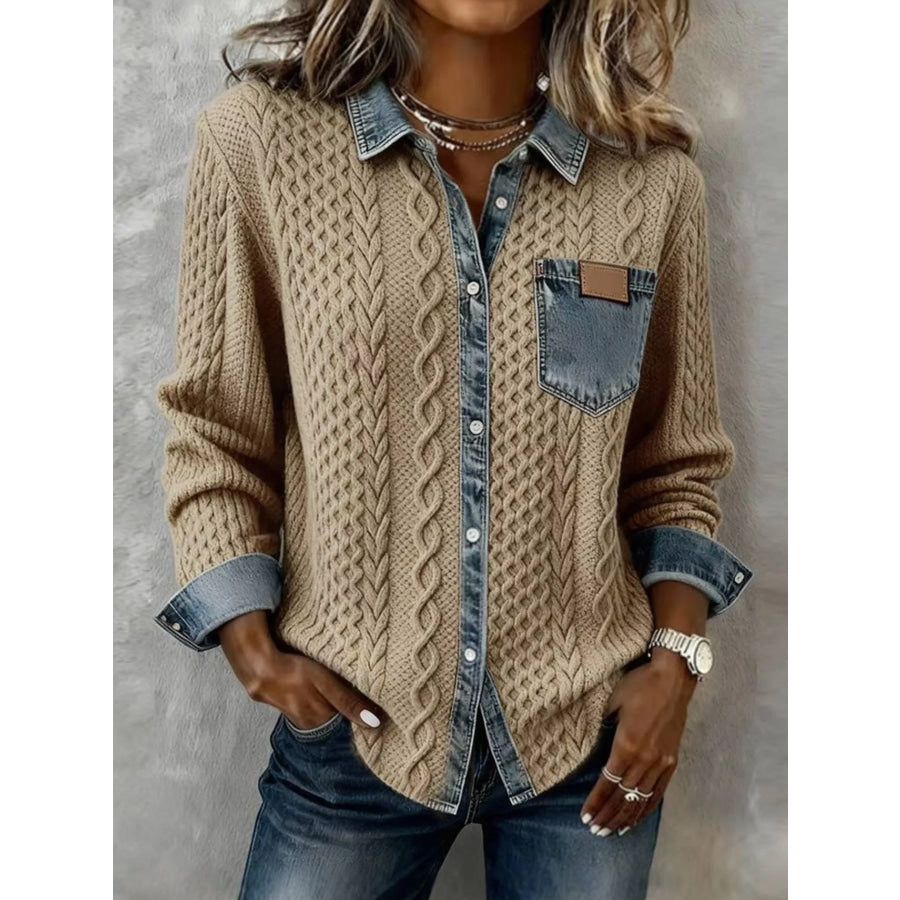 Denim Trim Cable Knit Cardigan Tan / S Apparel and Accessories