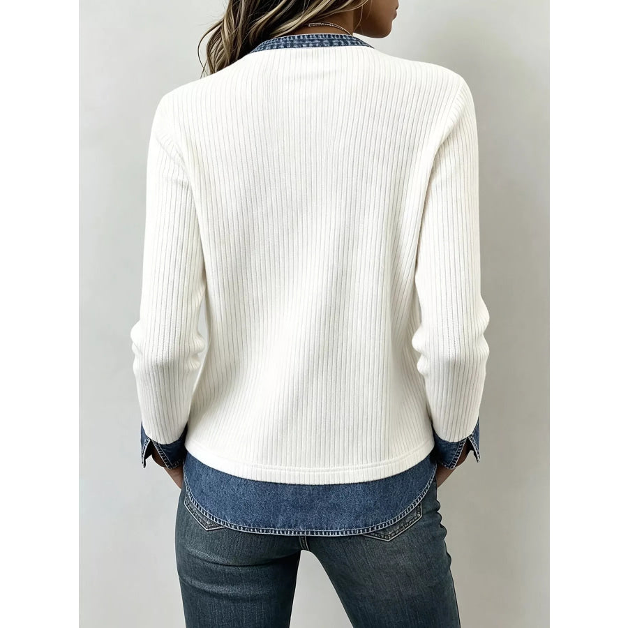 Denim Trim V-Neck Ribbed Knit Top Apparel and Accessories