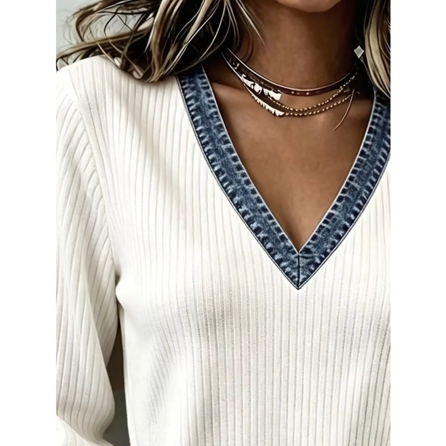 Denim Trim V-Neck Ribbed Knit Top Apparel and Accessories