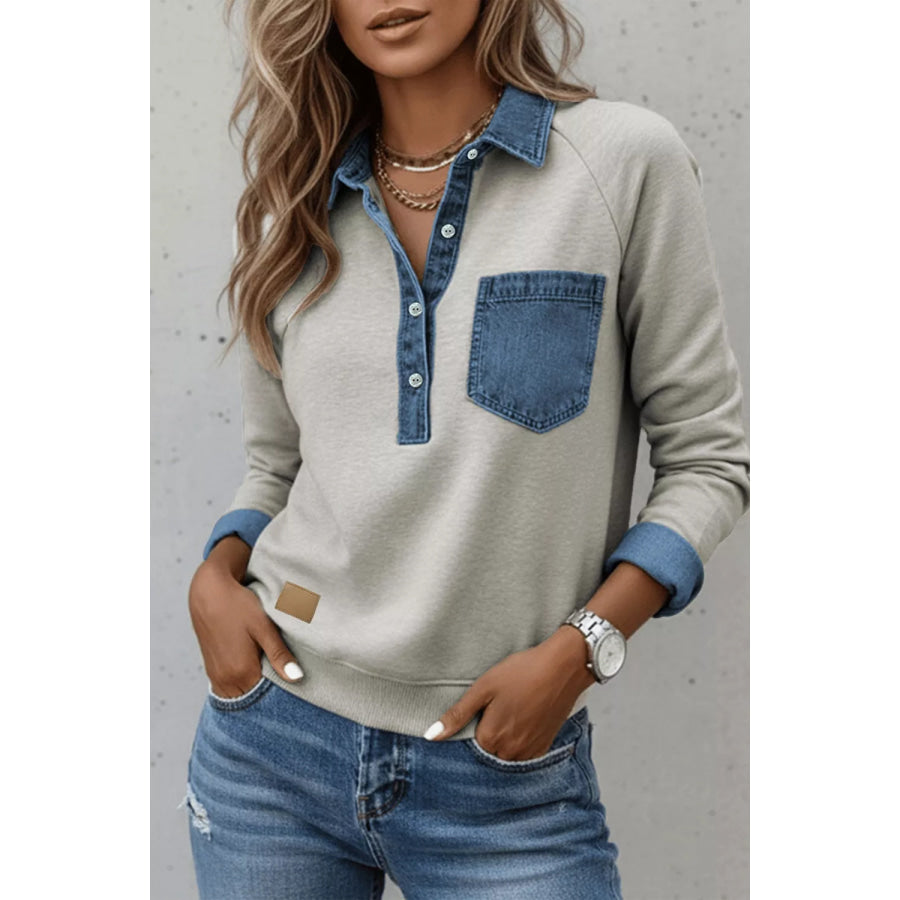 Denim-Trimmed Long Sleeve Top Light Gray / S Apparel and Accessories