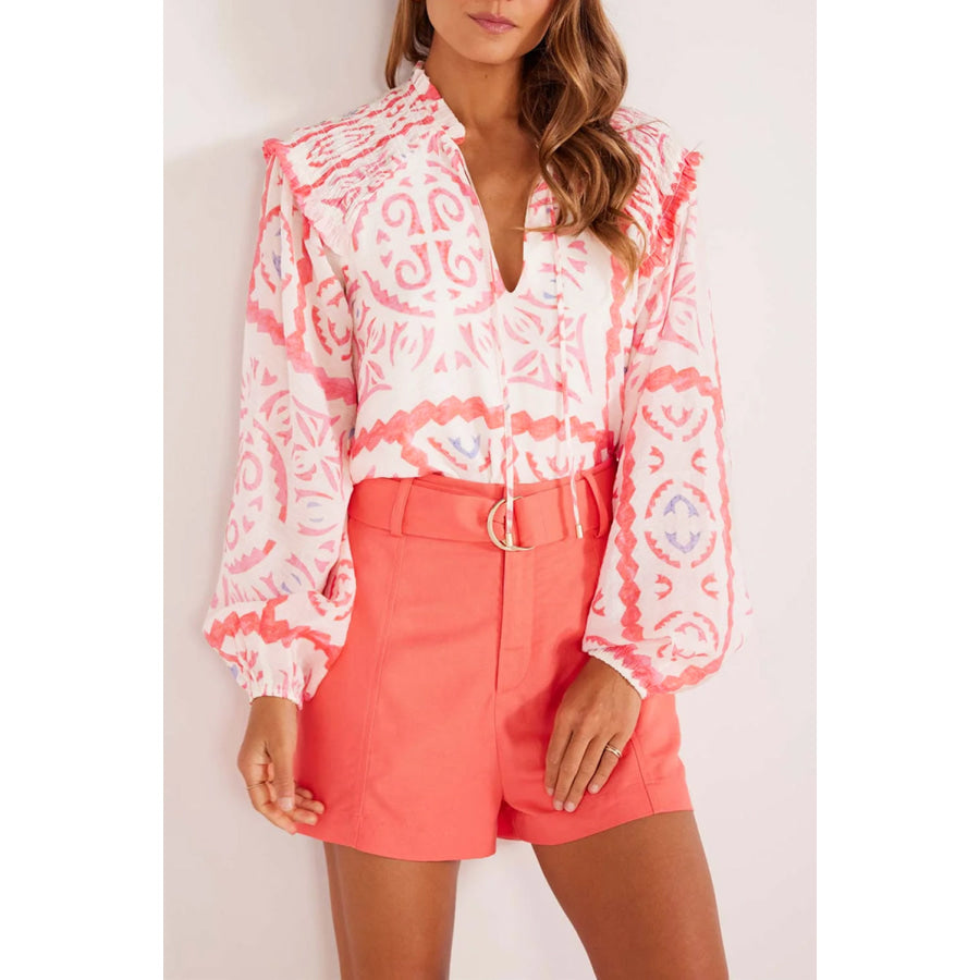 Desert Flower Vintage Print Smocked Poet Collar Billowy Blouson Sleeves Blouse Desert Flower / S / 100% Polyester Tops/Blouses & Shirts