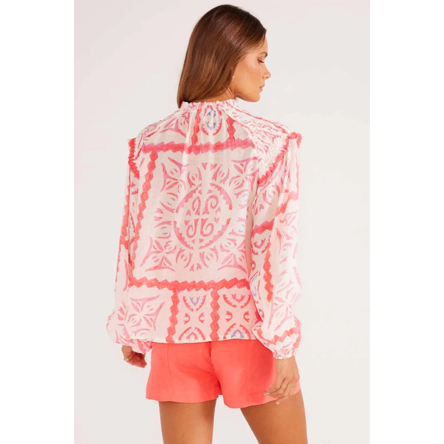 Desert Flower Vintage Print Smocked Poet Collar Billowy Blouson Sleeves Blouse Tops/Blouses & Shirts