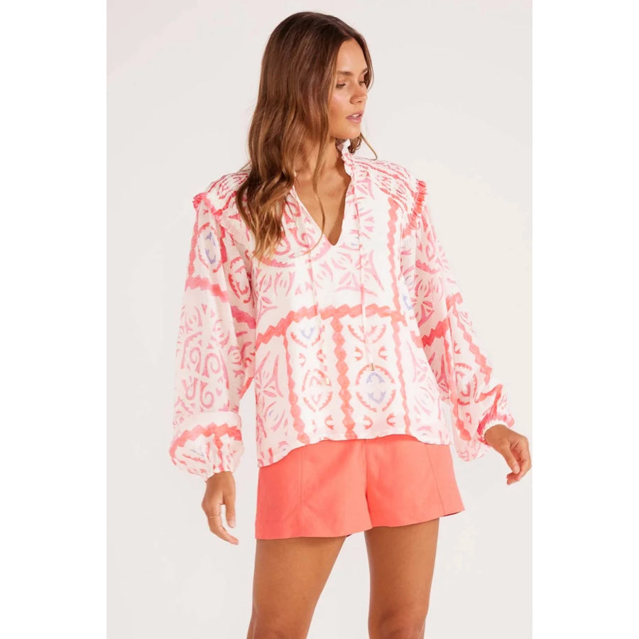 Desert Flower Vintage Print Smocked Poet Collar Billowy Blouson Sleeves Blouse Tops/Blouses & Shirts