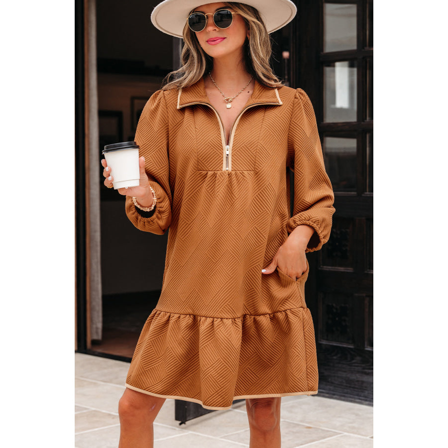 Desert Gold Quarter Zip Collar Bracelet Sleeve Textured Mini Dress Dresses/Mini Dresses