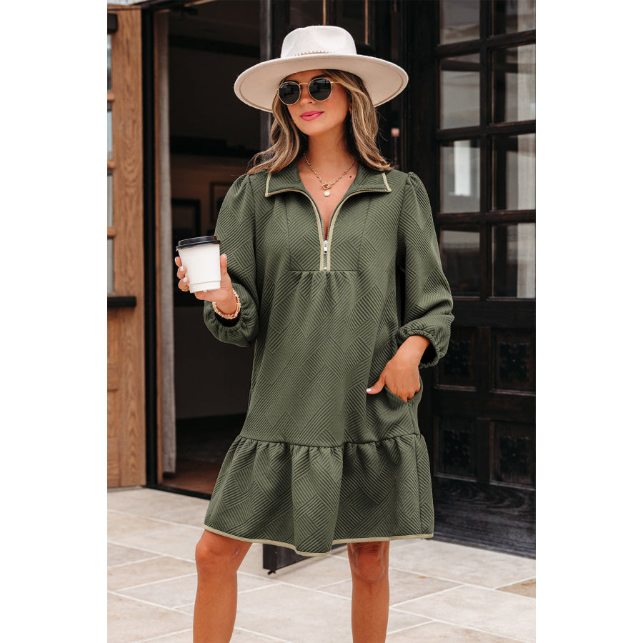 Desert Gold Quarter Zip Collar Bracelet Sleeve Textured Mini Dress Dresses/Mini Dresses