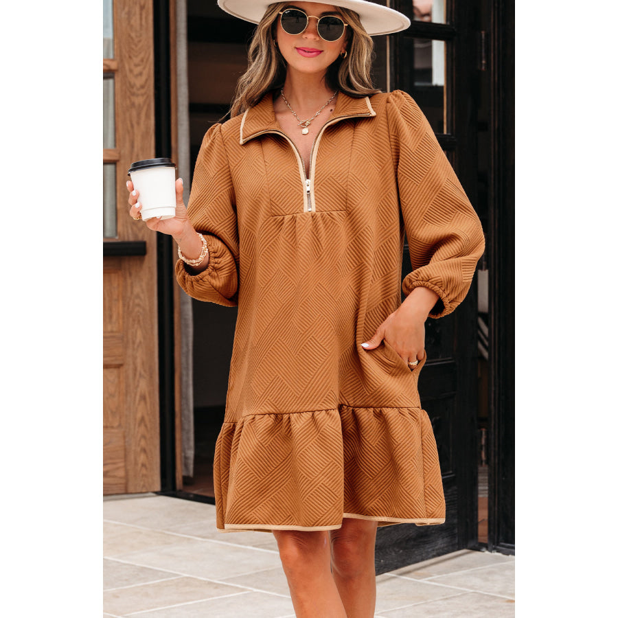 Desert Gold Quarter Zip Collar Bracelet Sleeve Textured Mini Dress Desert Gold / S / 97% Polyester + 3% Elastane Dresses/Mini Dresses