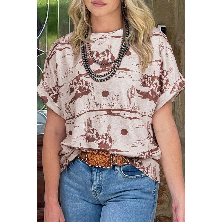 Desert Sand Print Short Sleeve Knit Top Dust Storm / S Apparel and Accessories