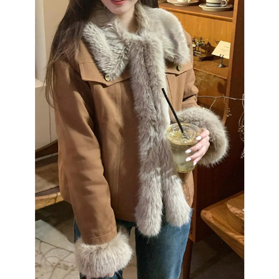 Detachable Faux Fur Collar and Cuffs Outerwear Brown-Thickened Cotton-Padded Lining / S Apparel Accessories