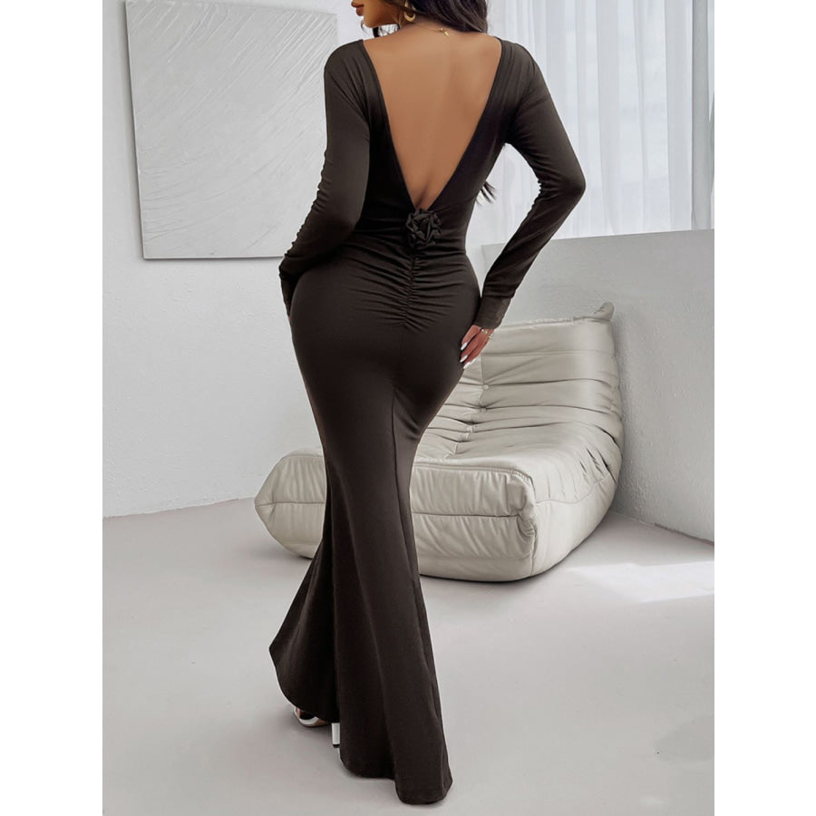 Devine Backless Round Neck Long Sleeve Maxi Dress Apparel and Accessories