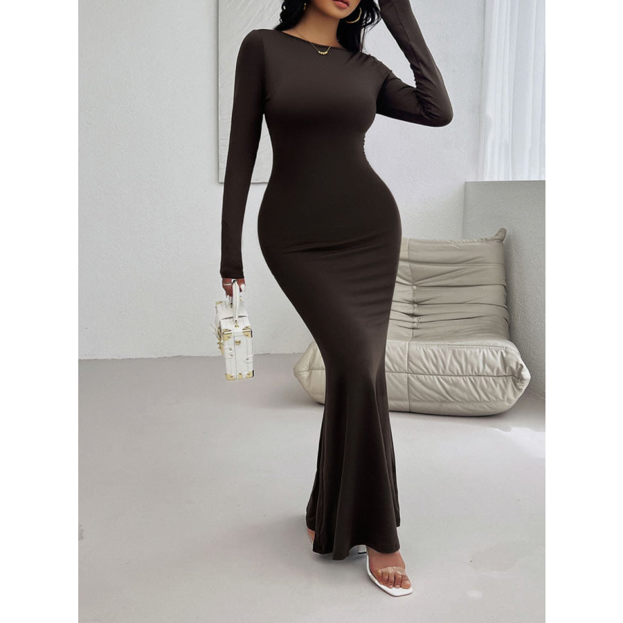 Devine Backless Round Neck Long Sleeve Maxi Dress Apparel and Accessories