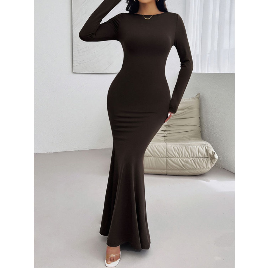 Devine Backless Round Neck Long Sleeve Maxi Dress Apparel and Accessories