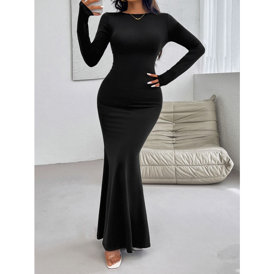 Devine Backless Round Neck Long Sleeve Maxi Dress Apparel and Accessories