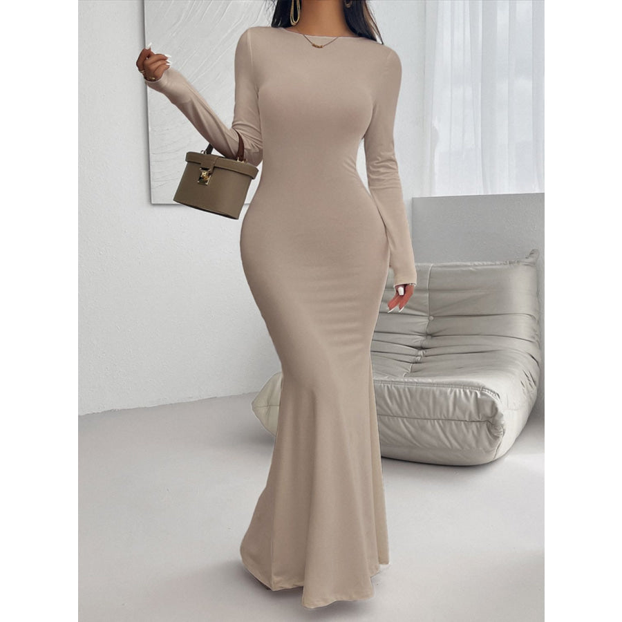 Devine Backless Round Neck Long Sleeve Maxi Dress Apparel and Accessories